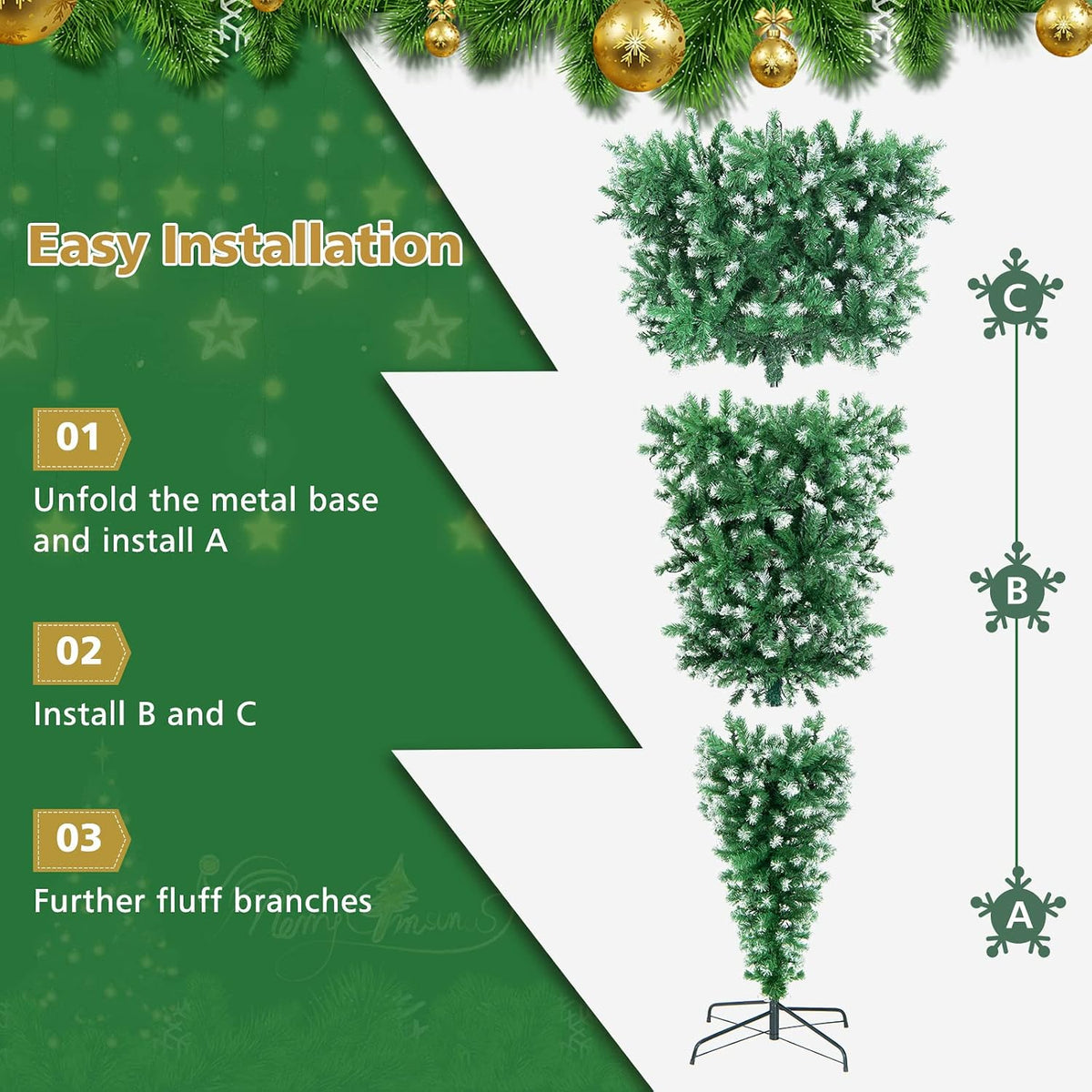 DORTALA Pre-Lit Upside Down Christmas Tree, 7.5 FT Snow Artificial Inverted Xmas Tree with 1100 Branch Tips, 400 Warm LED Lights, 8 Lighting Modes, Foldable Metal Stand, Green