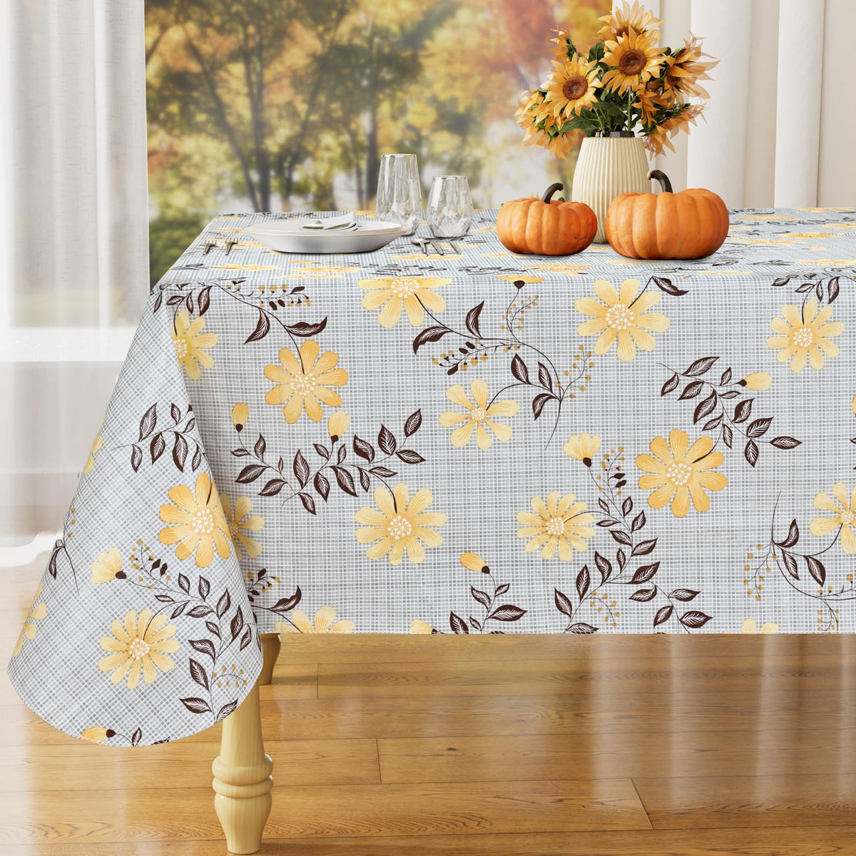 Rectangle Waterproof Vinyl Table Cloth, Wipeable Tablecloth with Flannel Backing, Plastic Table Cover for Fall, Thanksgiving (Pumpkin, 52" x 70")
