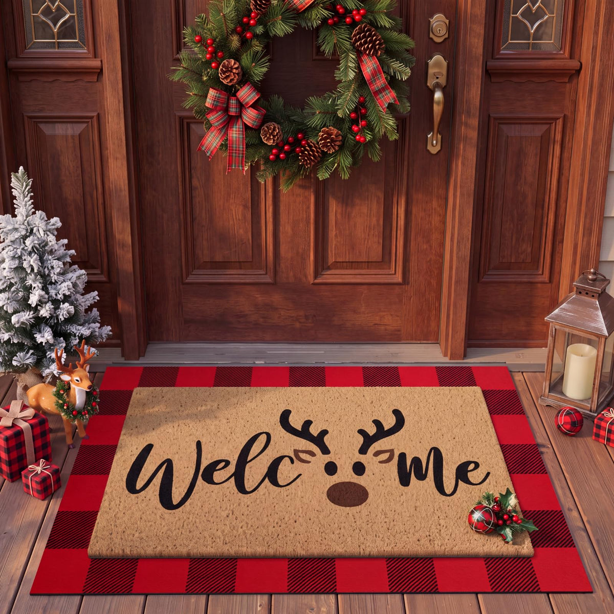 Tinideya 2 23.6 X 35.4 Inches Plaid Ghost Red Brown | Layered Coir Doormat Set, Non Slip Backing for Outdoor Entryway, Buffalo Plaid Seasonal Design, Front Porch Home Decor