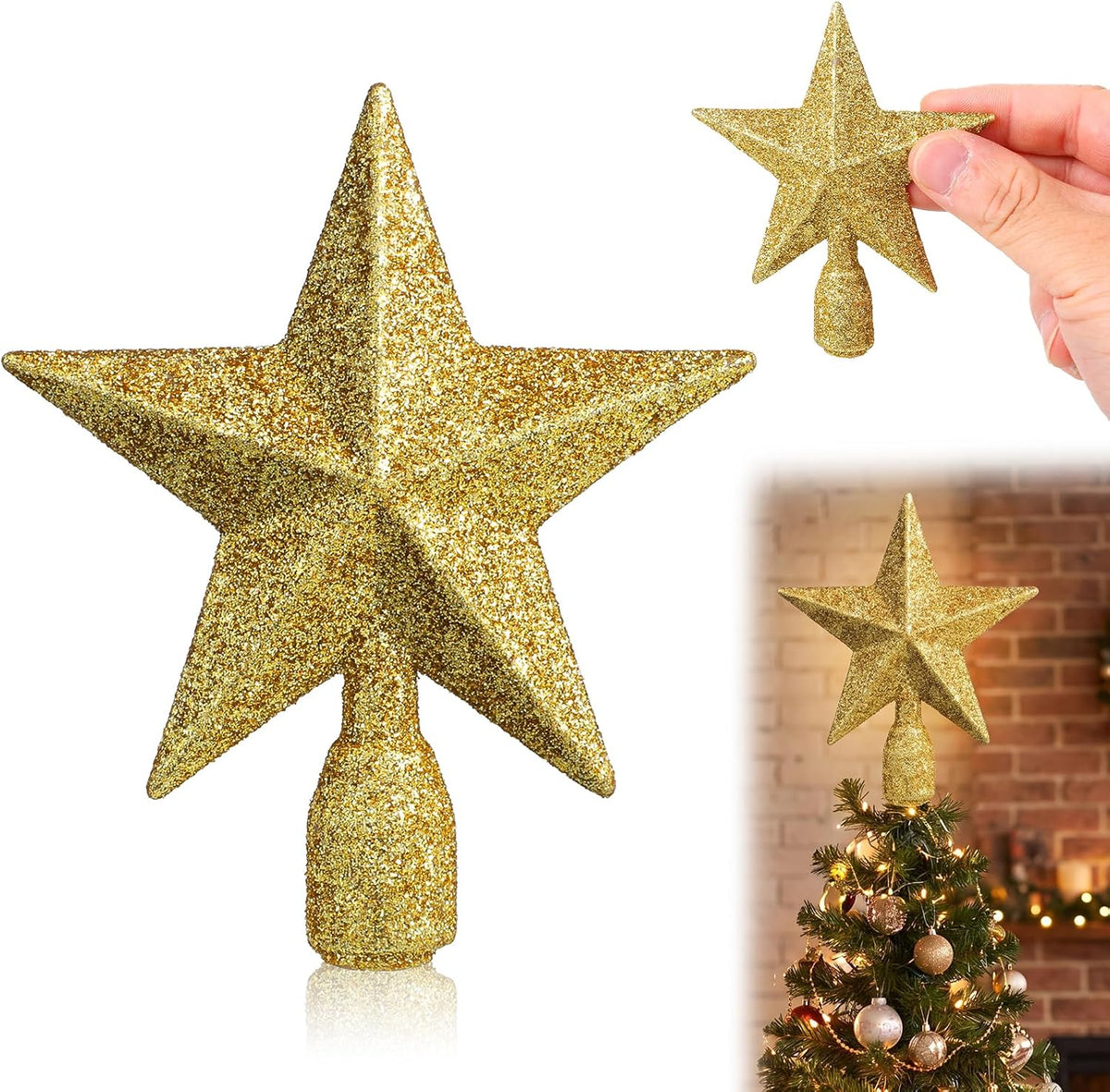 Christmas Tree Star Topper, 4 Inch Glitter Gold Star Mini Tree Topper