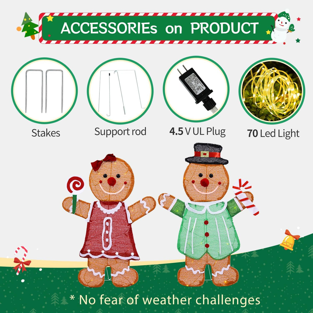 Lighted 2D Gingerbread Christmas Decorations, 2 Piece Gingerbread Man