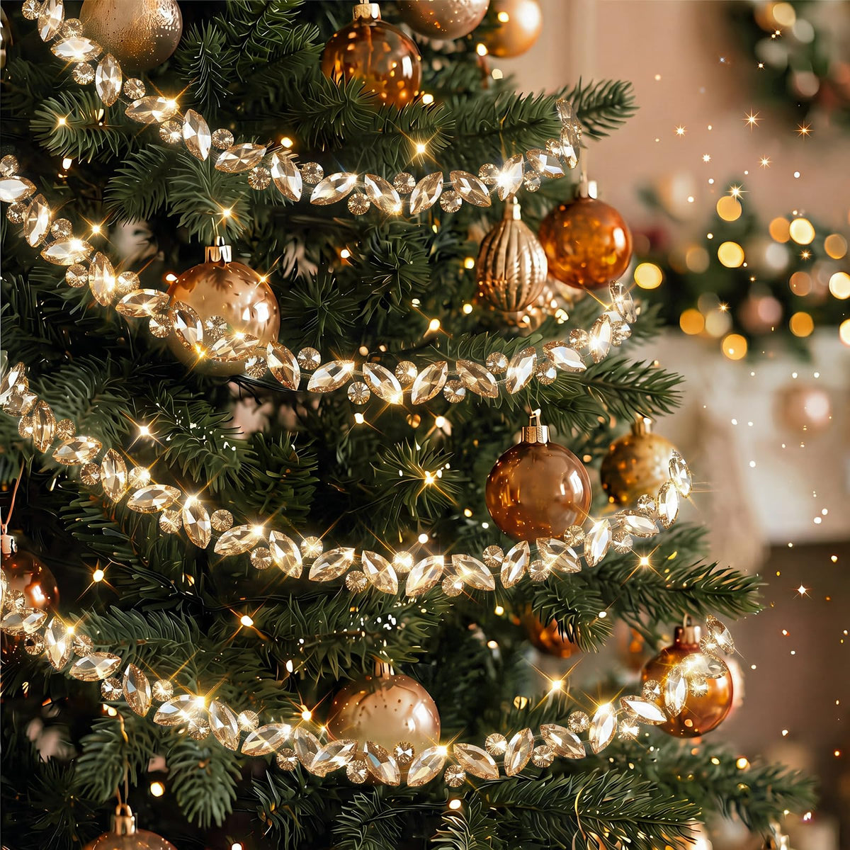 Yookeer 12 ft Silver Crystal Christmas Tree Garlands Rhinestone Ornament