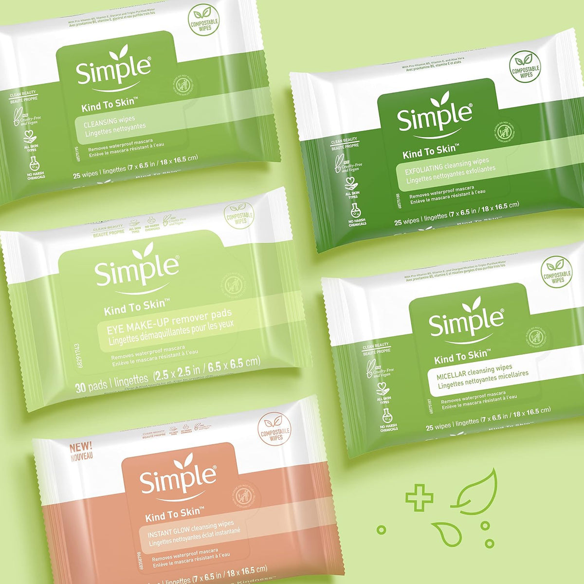 Simple Kind to Skin Facial Wipes Gentle and Effective Makeup Remover Cleansing Free from color and dye, artificial perfume and harsh chemicals 25 Wipes