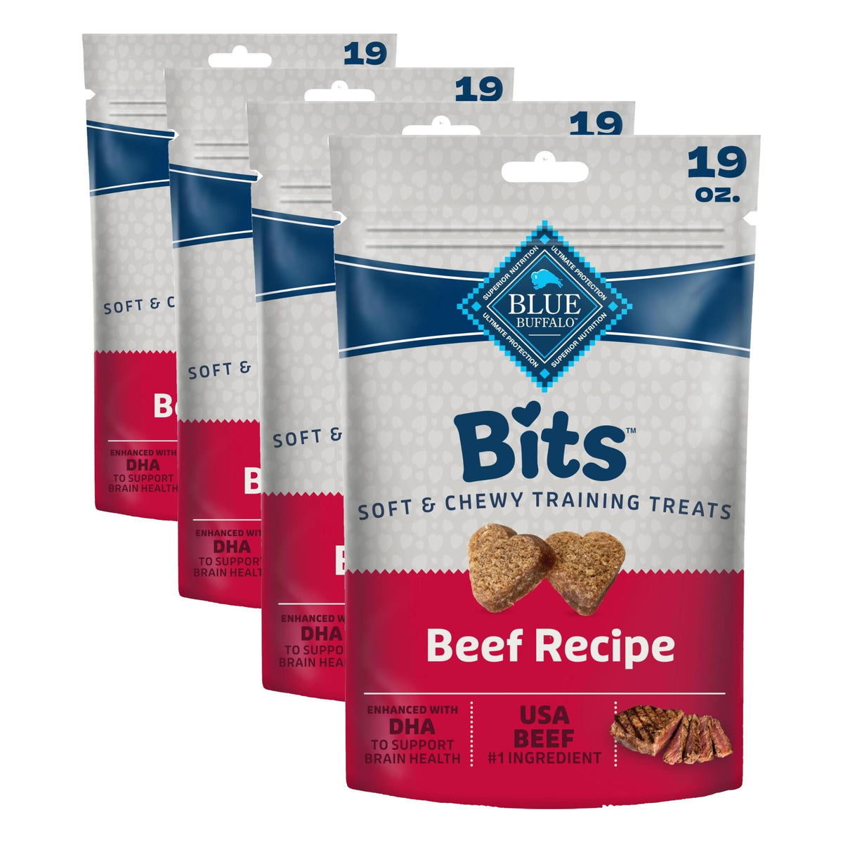 Blue Buffalo Bits Beef Soft & Chewy Dog Treats, Bite-Sized for Training, Made with Real Beef & Enhanced with DHA, Heart-Shaped Dog Treats, Made in the USA with Natural Ingredients, 19 oz.