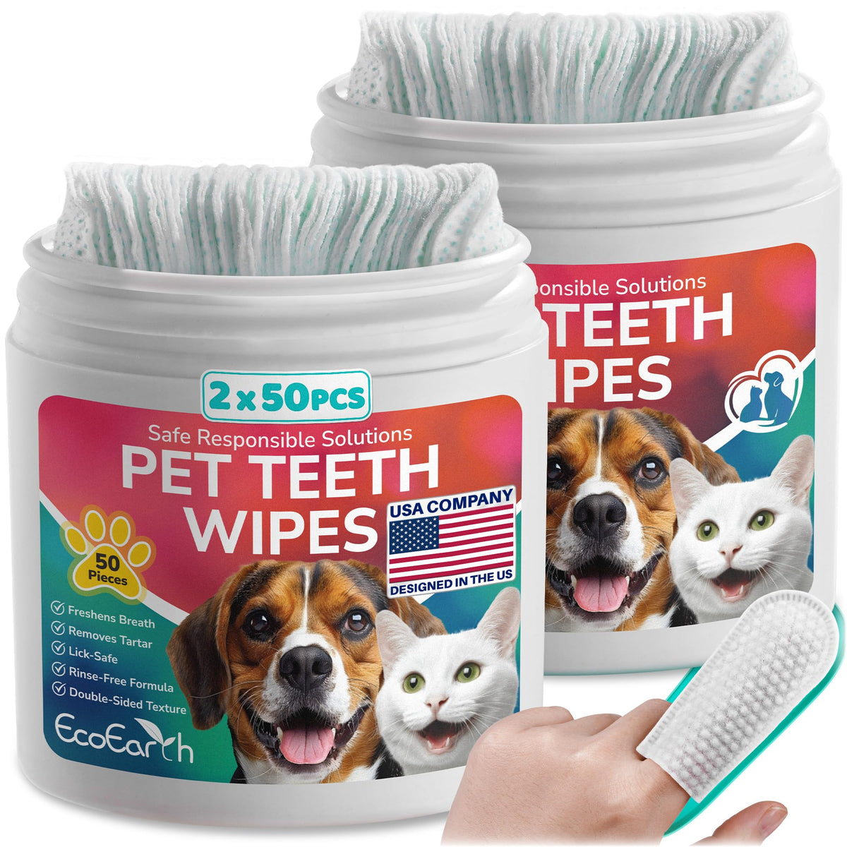 Premium Teeth Cleaning Wipes for Dogs & Cats - 50 Pcs - Pet Dental Care Finger Pads for Fresh Breath & Oral Hygiene - Embossed Pattern & Nano Plastic-Dotting to Remove Plaque & Tartar