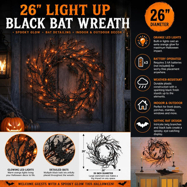 Fun Express 26" Light Up Black Bat Wreath, LED Halloween Door Decoration | Large spooky twig wreath features glowing orange LED lights and black bats for gothic outdoor entryway porch decor.