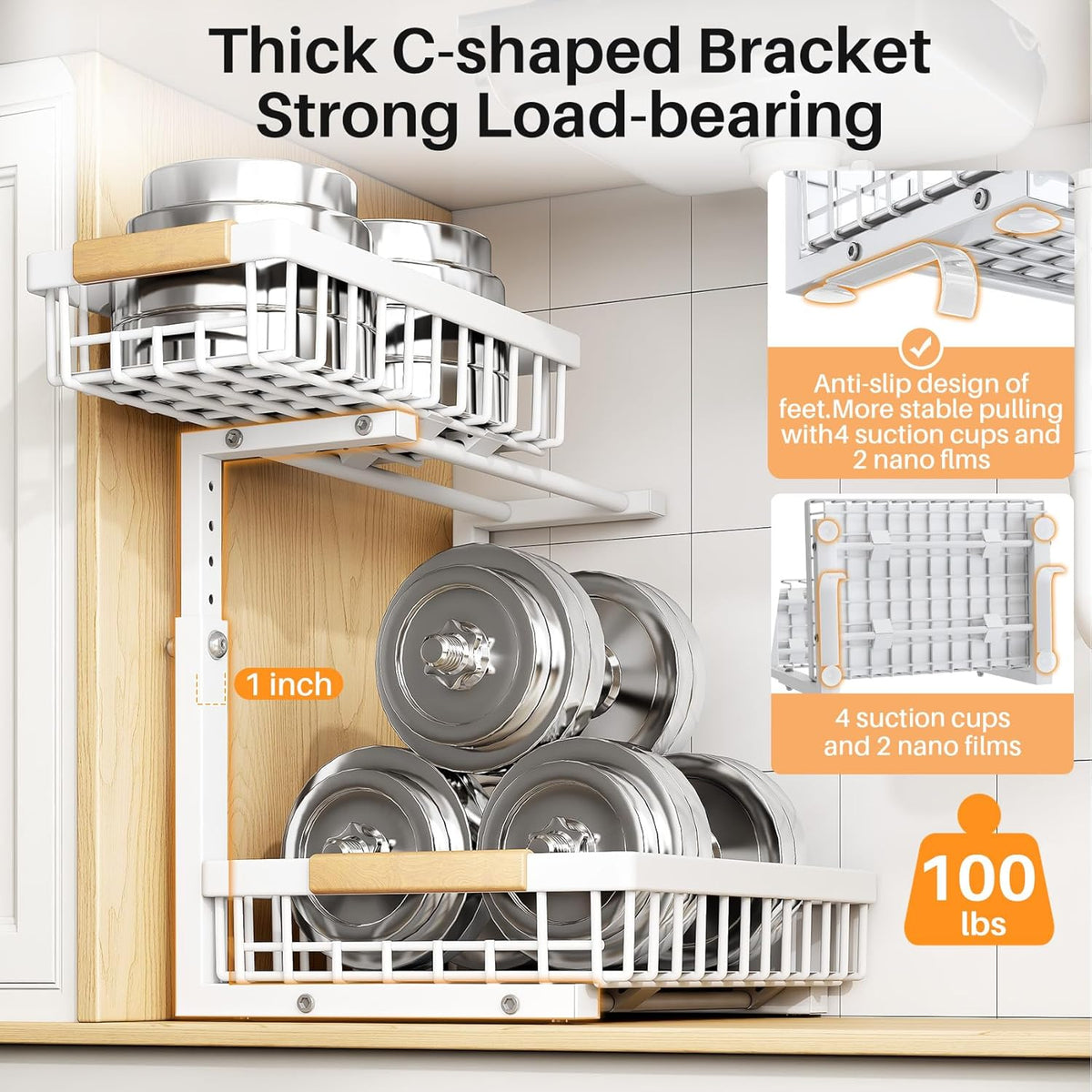 PXRACK Under Sink Organizer, Adjustable Height, 2 Tier Pull Out Under Cabinet Organizer, Slide Out Thickened Metal Under Sink Storage for Kitchen Bathroom Laundry Pantry Cabinet, White, Large-2-Pack