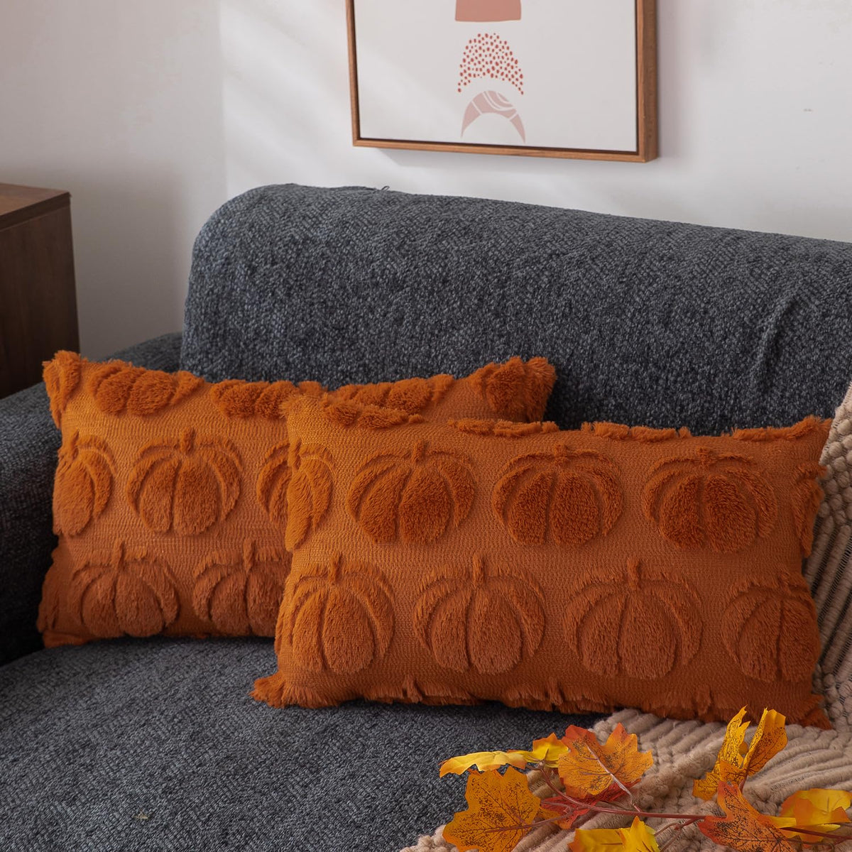 DFXSZ Fall Pillow Covers 18x18 2Pcs Rust Pumpkin Fall Decorations for Home | Fall decor Set of 2 Throw Pillow Cases Soft Plush Faux Fur Wool Couch Cushion for Chair Sofa Bedroom Living Room Home Decor