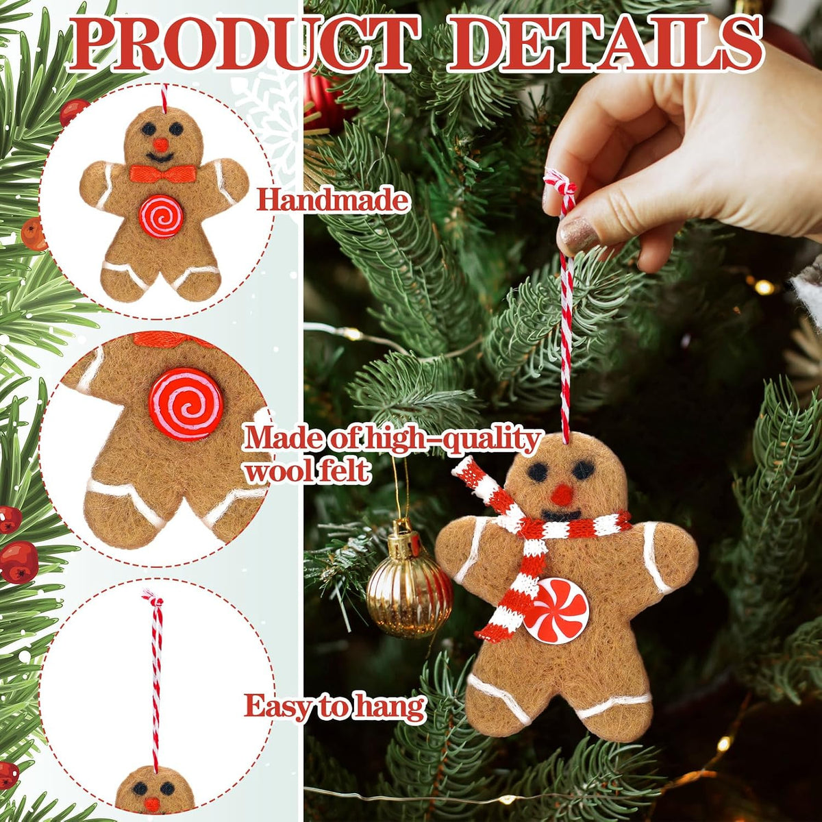 Mindsoft 12 Pcs Gingerbread Man Christmas Tree Ornaments Wool Felt,Brown