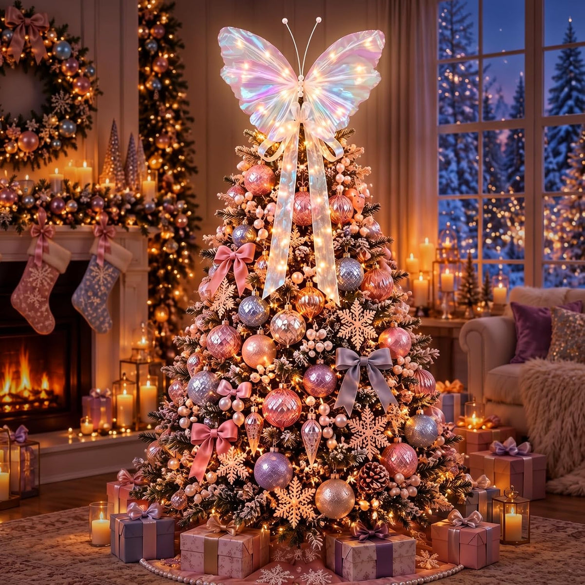 Blueweenly White Butterfly Christmas Tree Topper with Lights, 3D 20" Large