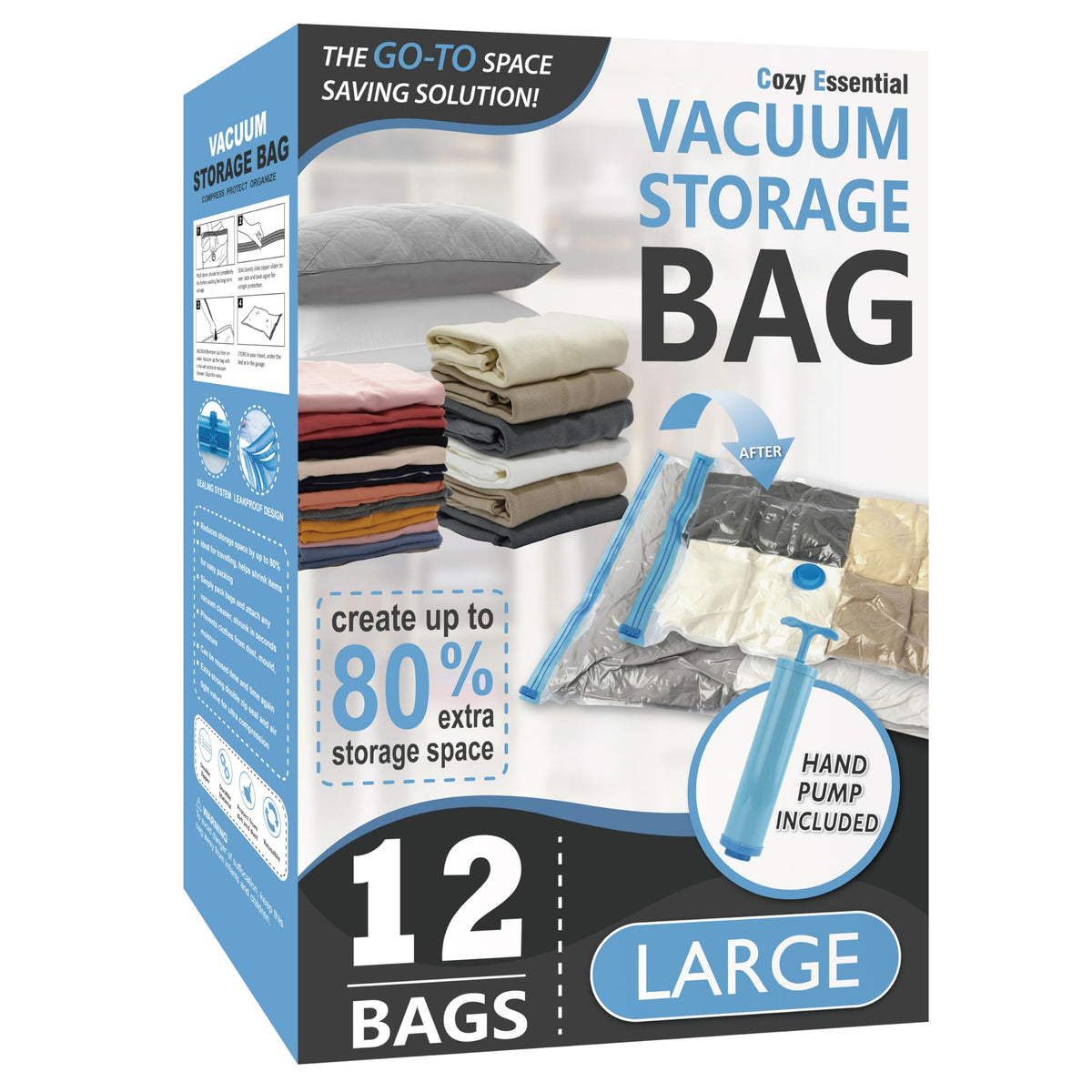 Cozy Essential Vacuum Storage Bags, 80% Compression Vacuum Seal Space Saver Plastic Packaging Bags for Clothes, Blankets, Pillow, Bedding, Comforters, Sealer Clothing Storage,20 Combo