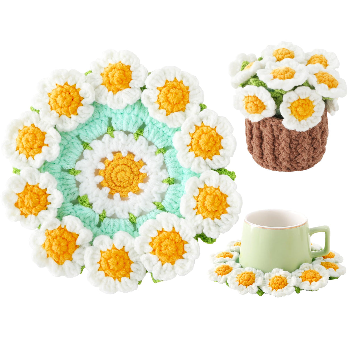 Crochet Flower Coasters, Handmade Bouquet Coasters with Crochet Plant Pot (Sunflower Yellow, 1Pc)