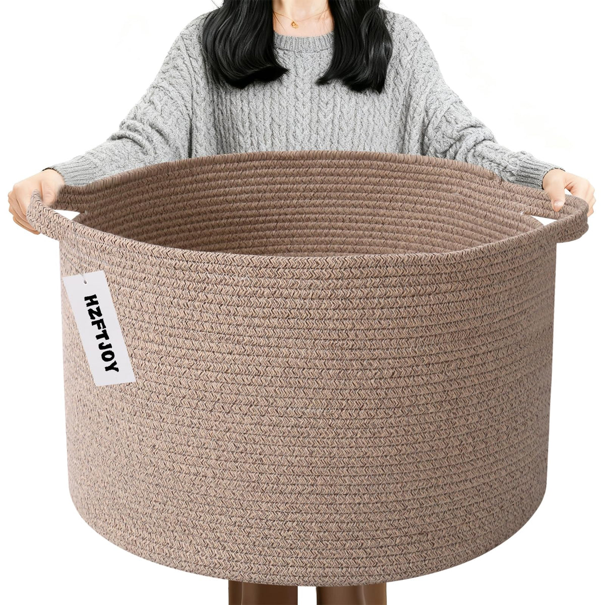 Large Woven Blanket Basket,65L Cotton Rope Laundry Basket Hamper with Handles, Decorative Nursery Basket Storage Bin for Toys, Clothes Organizer, Living Room, Bedroom, Bathroom, White & Brown