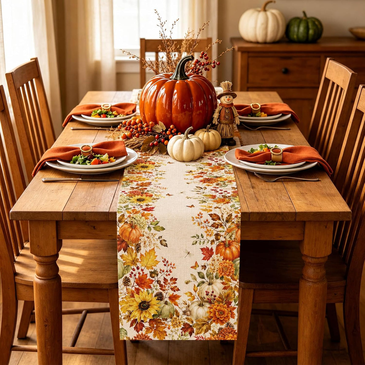 Fall Table Runner 13×72 in with Fall Decor Pumpkin, Sunflower&Leaf