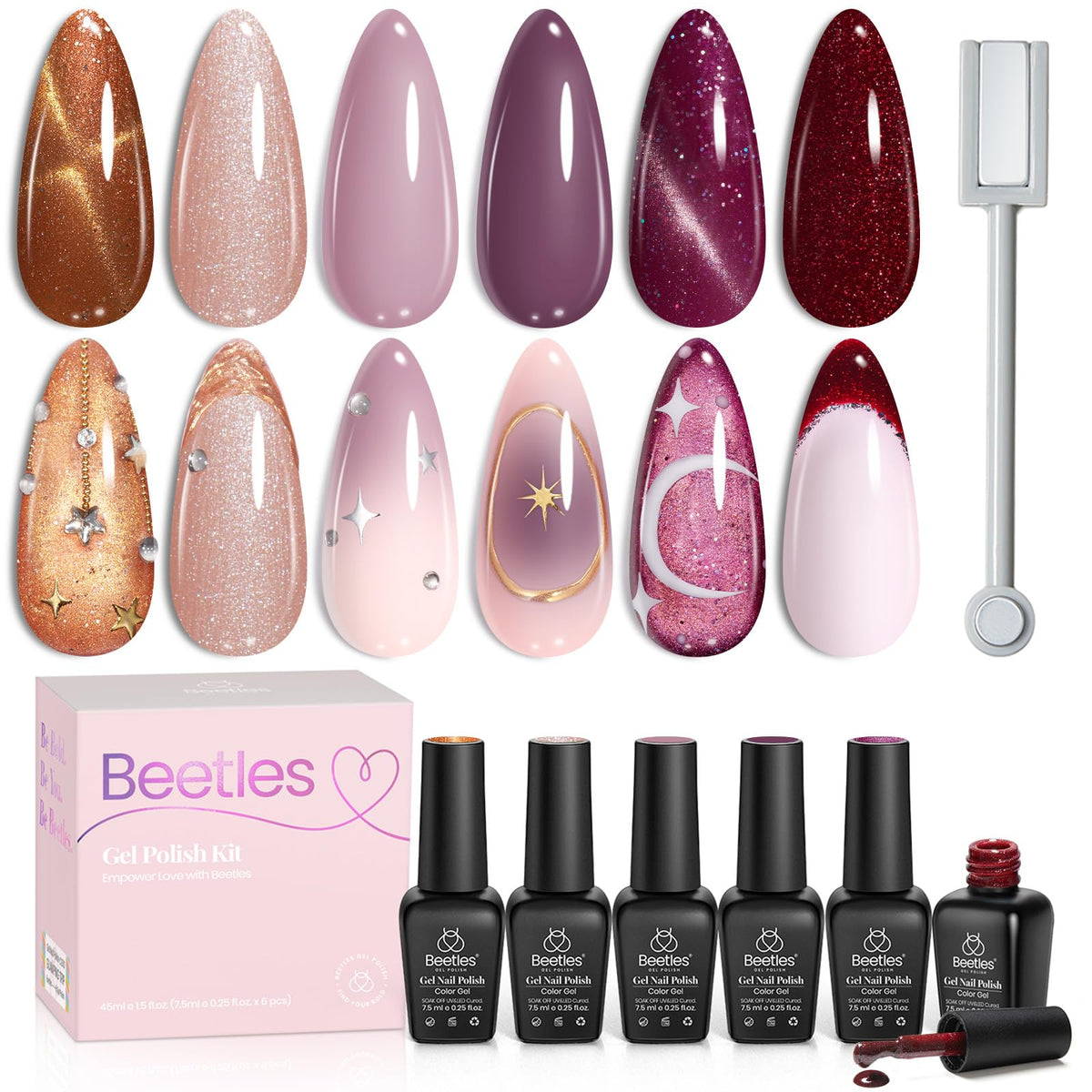 Beetles Halloween Cat Eye Gel Nail Polish Set, 6 Colors Glitter Gel
