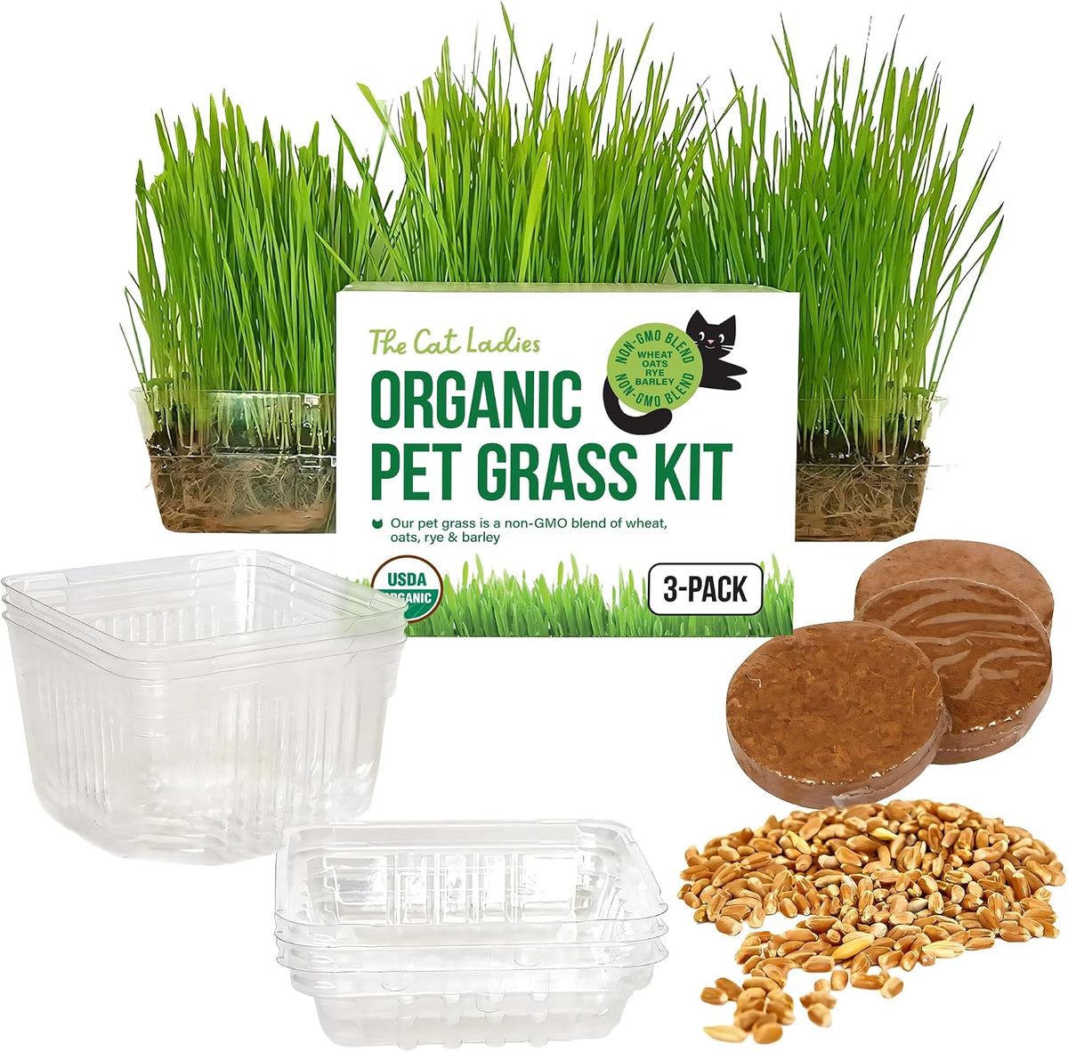 The Cat Ladies Cat Grass for Indoor Cats - Growing Kit - Organic Cat Grass Seeds, Soil and BPA Free Containers (Non GMO) - Locally Sourced Seeds! (3 Pack)