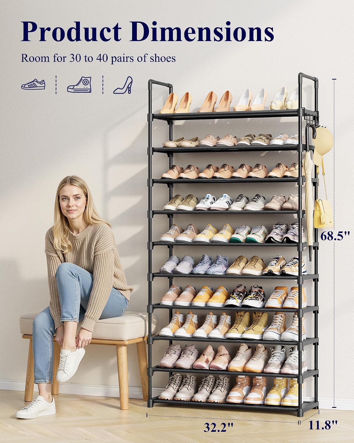 Kitsure 10 Tier Shoe Rack, Tall Shoe Organizer, 32.2" Wide, Black | Large-Capacity Shoe Storage with Hooks, Shoe Shelf for Closet, Entryway, Bedroom, Living Room, Zapateras Organizer