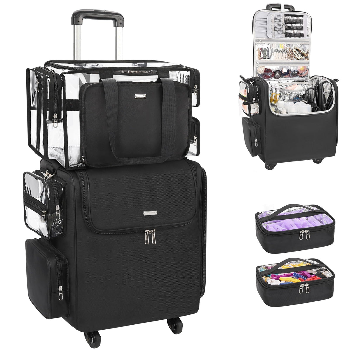 Relavel Rolling Makeup Train Case, Hairstylist Traveling Bag with 4 Wheels, Heat Insulation Full Layer, Adjustable Dividers, Hair Tools and Cosmetics Storage Organizer Trolley Suitcase Makeup Cart