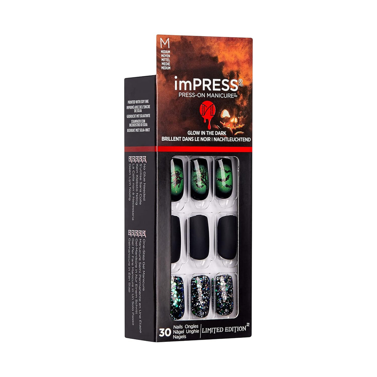 KISS imPRESS Limited Edition Halloween Press-On Nails, Glow-In-The-Dark, PureFit Technology, 'Witchful Thinking’, with Prep Pad, Mini File, Cuticle Stick, & 30 Fake Nails