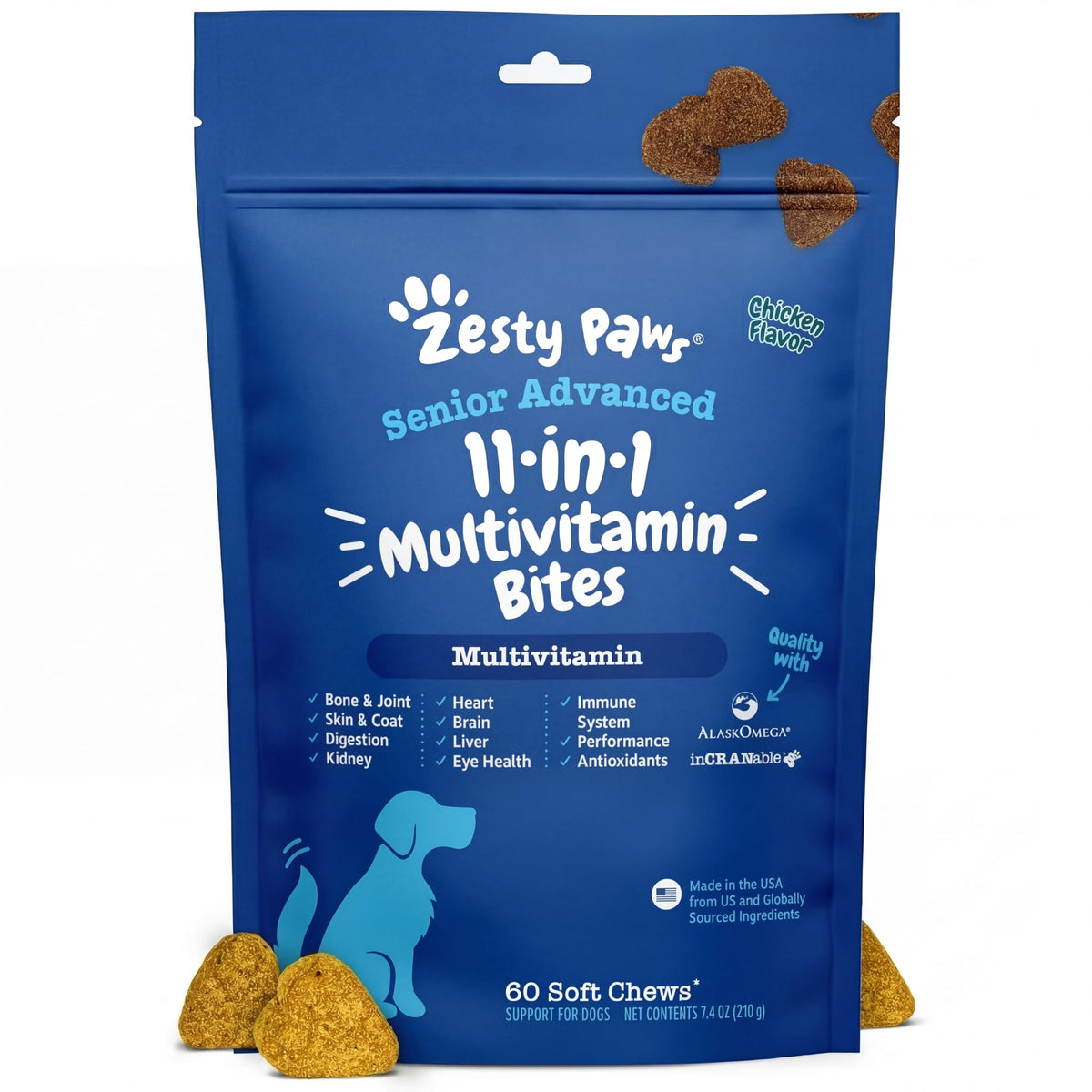 Zesty Paws Dog Multivitamin, Chewable Dog Vitamins and Supplements for Hip & Joints, Skin & Coat, Omega 3 Fish Oil for Dogs- Senior & Puppy Multivitamin- Chicken- 90ct