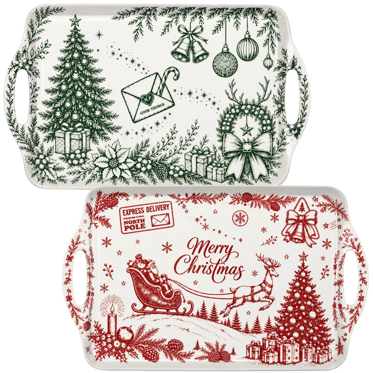 Thanksgiving Serving Trays with Handles, 19 x 11.6 Inch, Set of 2, Bamboo Fiber Serving Platter, Dishwasher Safe, with Removable Silicone Mats, Turkey and Fall Plaid
