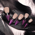 Halloween Long Stiletto Press on Nails Glossy Purple Glitter Acrylic False Nails 24Pcs Sparkly Fake Nail Black Bats Gel Glue on Nail French Tips Stick on Fingernails for Coquette Women Girls