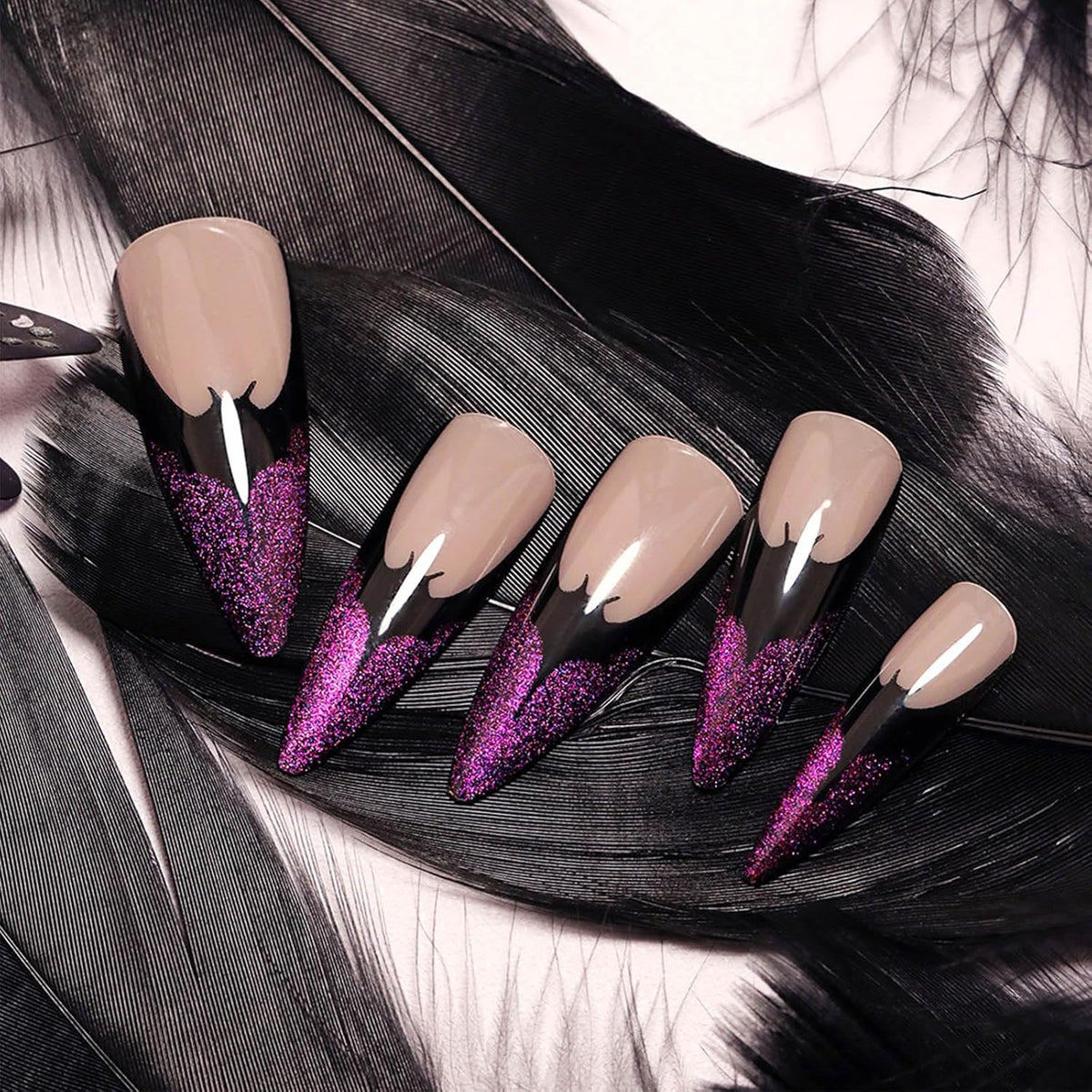 Halloween Long Stiletto Press on Nails Glossy Purple Glitter Acrylic False Nails 24Pcs Sparkly Fake Nail Black Bats Gel Glue on Nail French Tips Stick on Fingernails for Coquette Women Girls