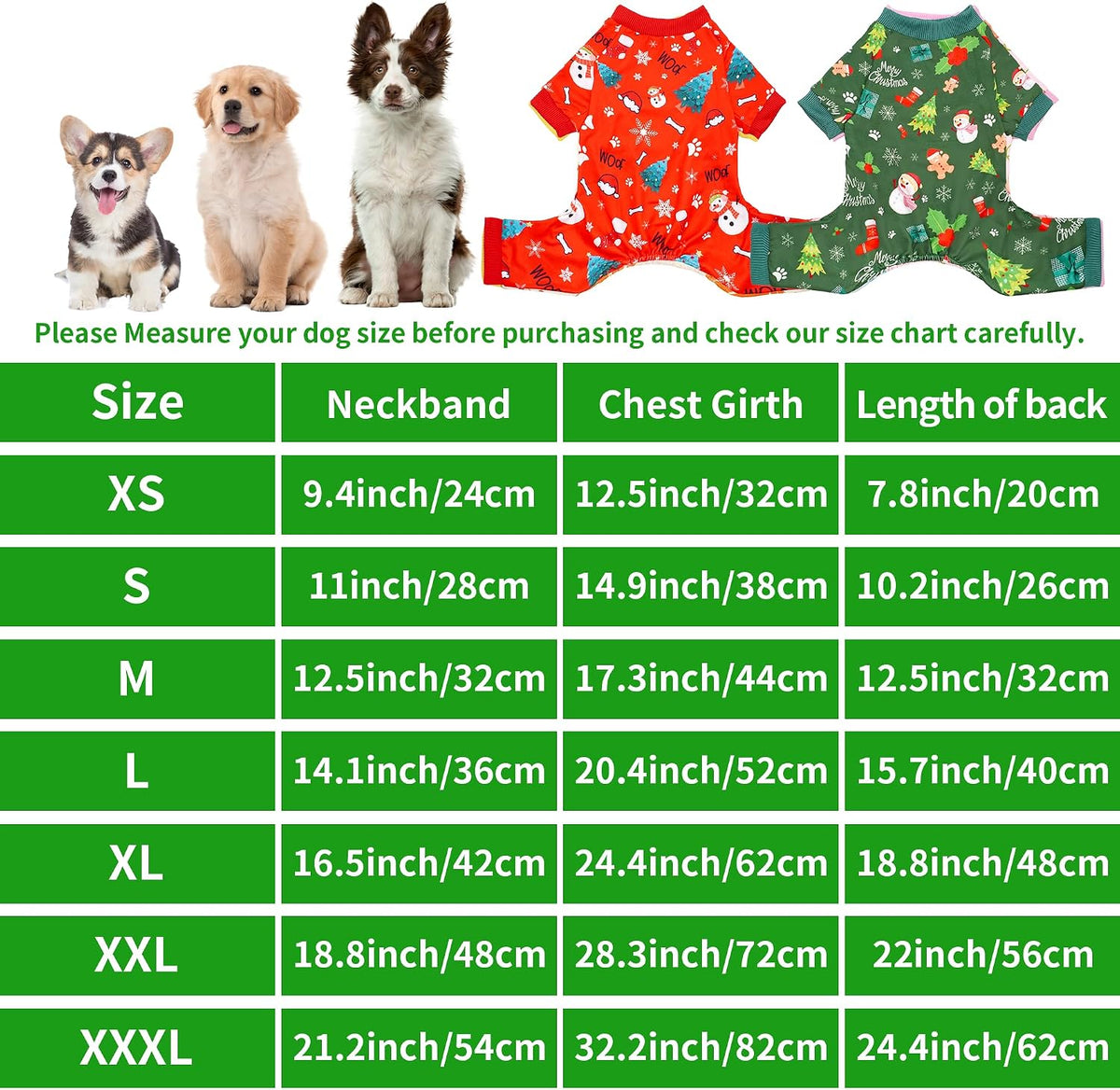 2PCS/Pack Christmas Dog Pajamas XXXL for Large Dogs Pjs Pet Jammies Boy Girl Male Female Red Green Onesies Snowman Christmas Tree Xmas Stocking Breathable Stretchy XXXL