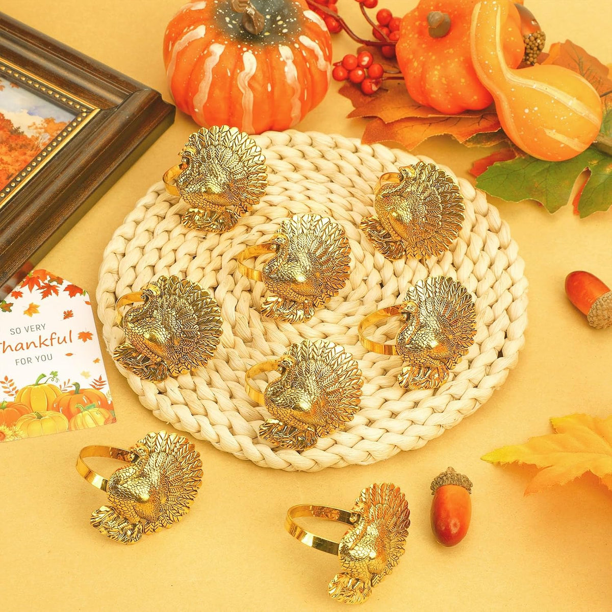 Turkey Napkin Rings Set of 12 Thanksgiving Gold Napkin Holders