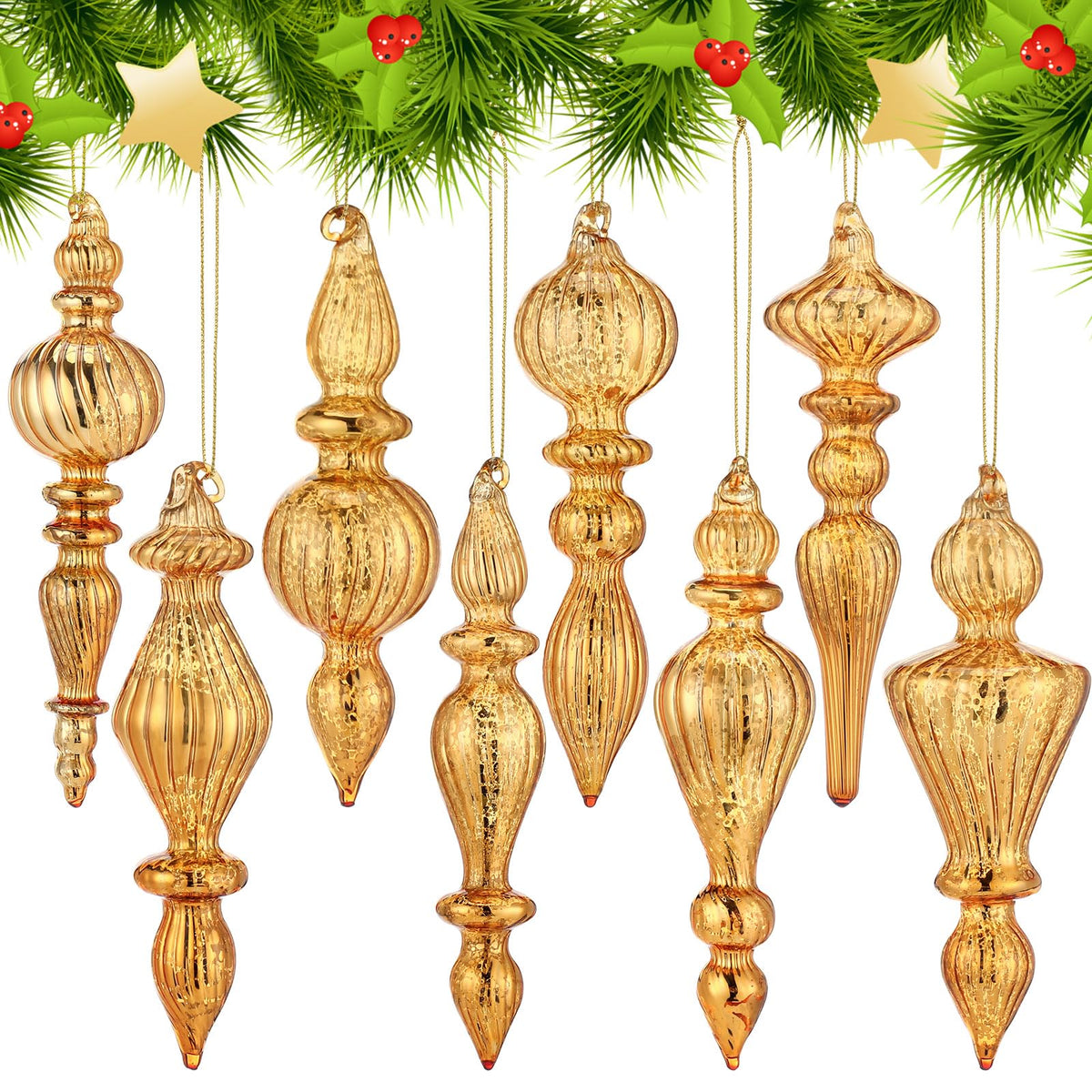 Mifoci 8 Pcs 6 Inch Mercury Glass Finial Christmas Ornaments,Red