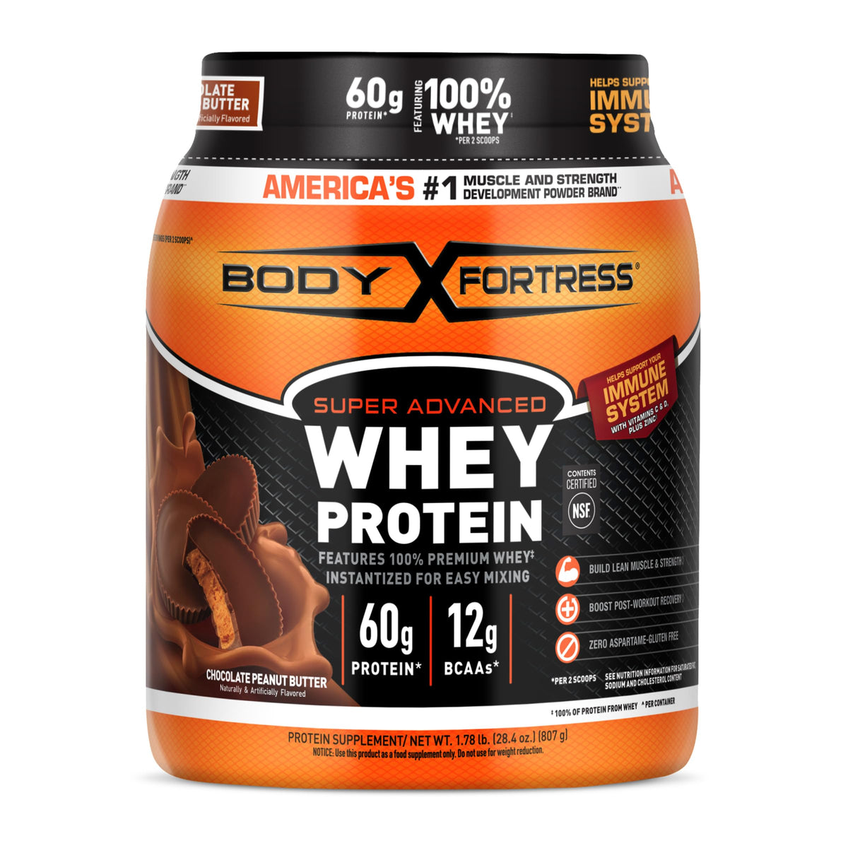 Body Fortress Super Advanced Whey Protein Powder, Gluten Free, Vanilla, Immune Support (1), Vitamins C & D Plus Zinc, 3.9 lbs.
