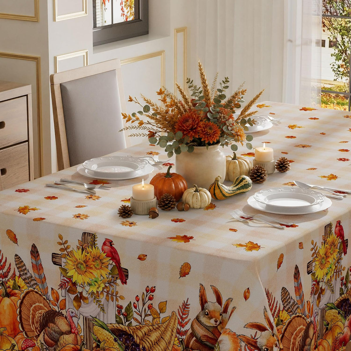 XCHI Fall Harvest Squirrel Turkey Maple Leaves Cross Pumpkin Thanksgiving Tablecloth Rectangle Table Cloth Table Covers for Indoor Dining Home Party Decorations 60x84 Inch