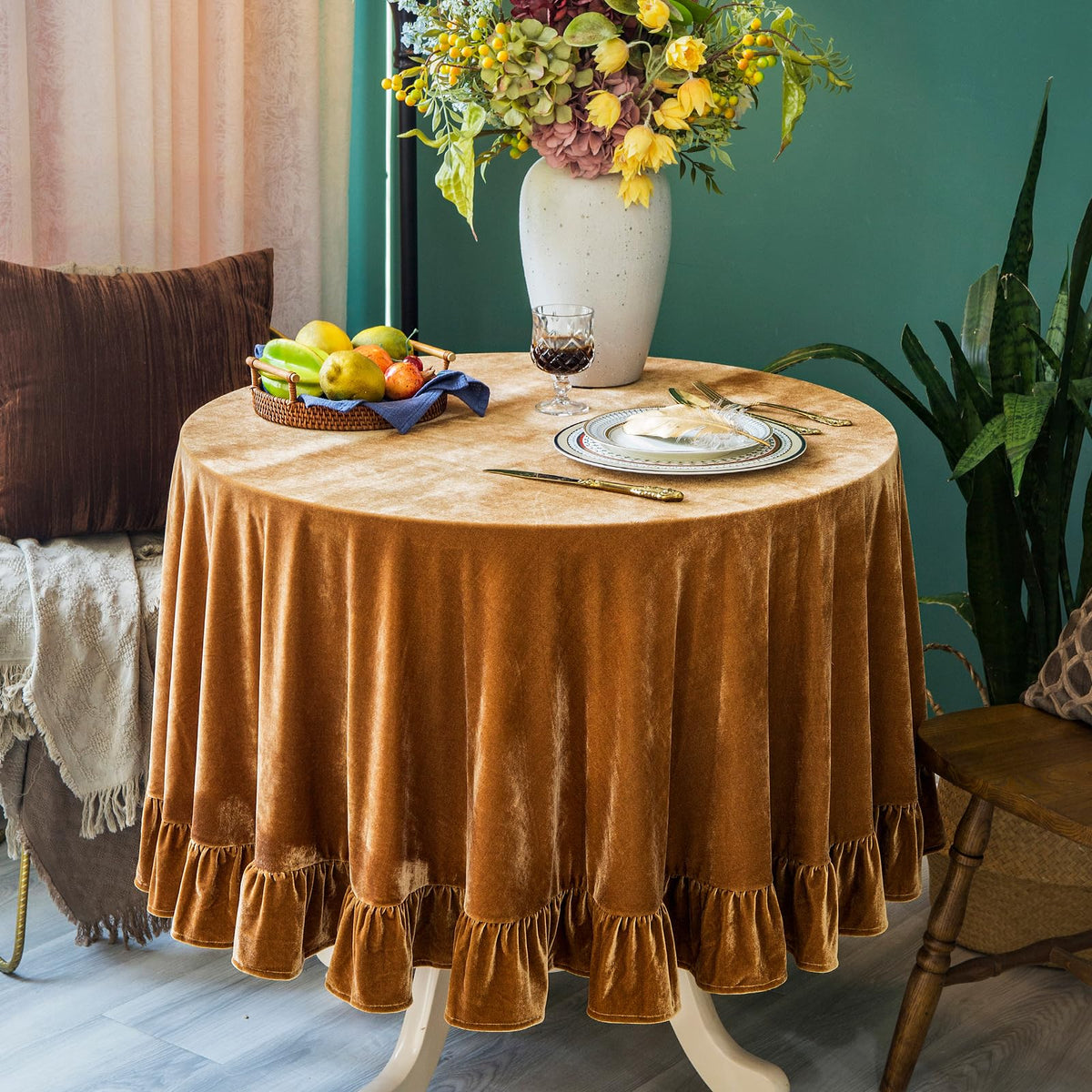 GLORY SEASON Velvet Tablecloth Luxurious Solid Rectangle Table Cloth,Oblong Retro Farmhouse Ruffle Tablecloths Washable Table Cover for Party Olive Green,52x70 Inches