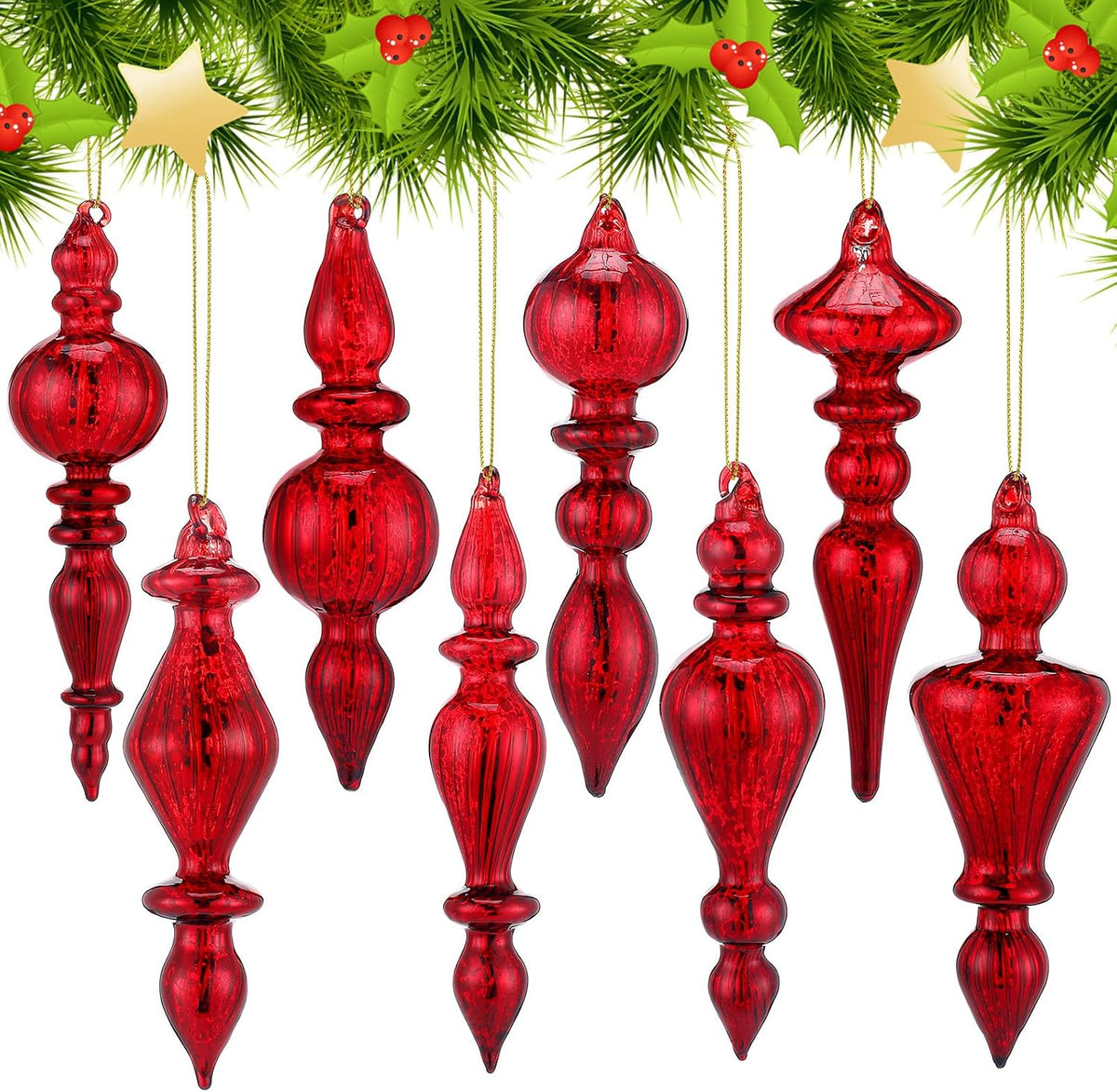 Mifoci 8 Pcs 6 Inch Mercury Glass Finial Christmas Ornaments,Red