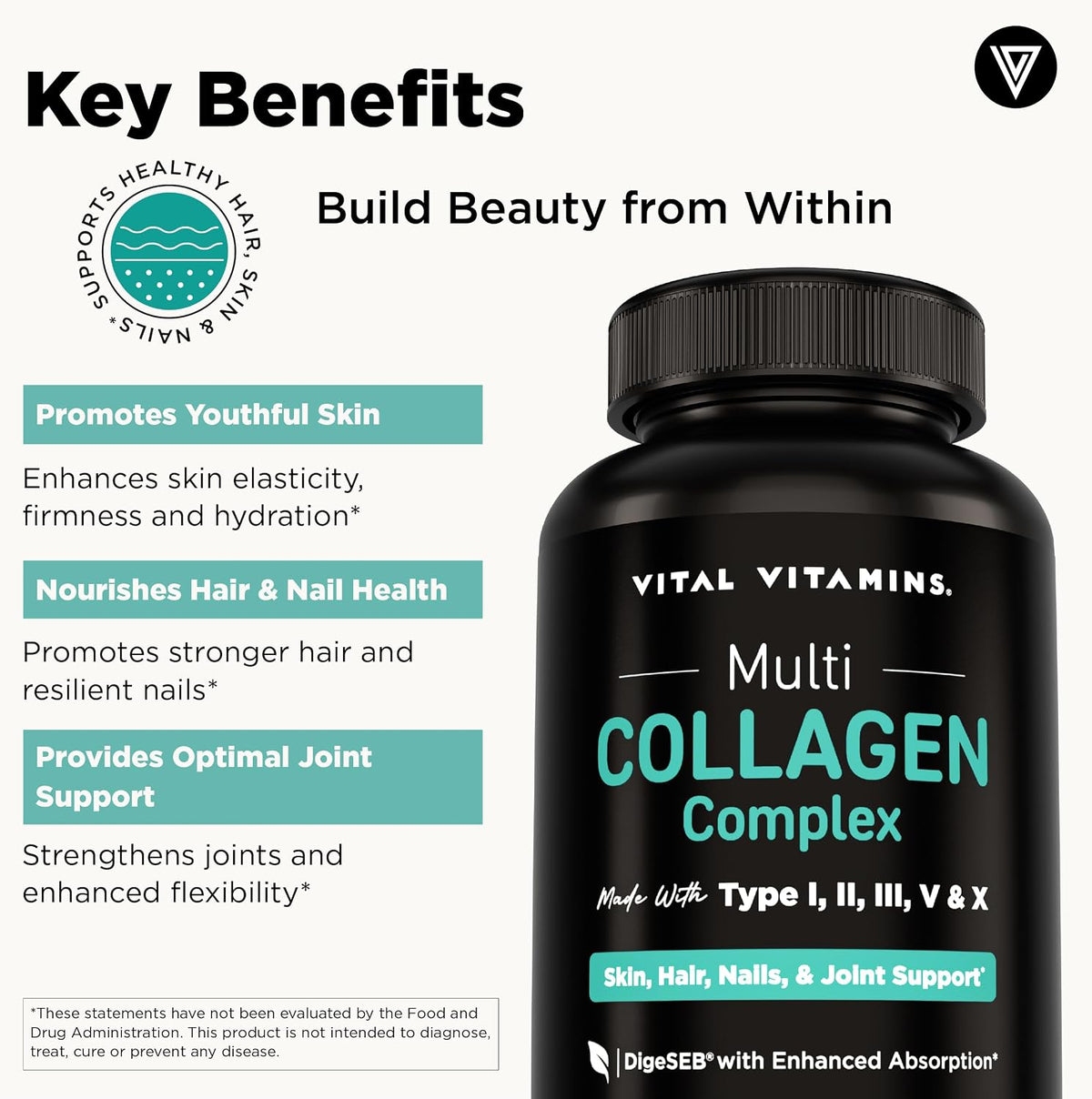 Vital Vitamins Multi Collagen Peptides Capsules for Women & Men - Type I, II, III, V, X Collagen Supplements - Grass-Fed, Non-GMO - 150 Pills