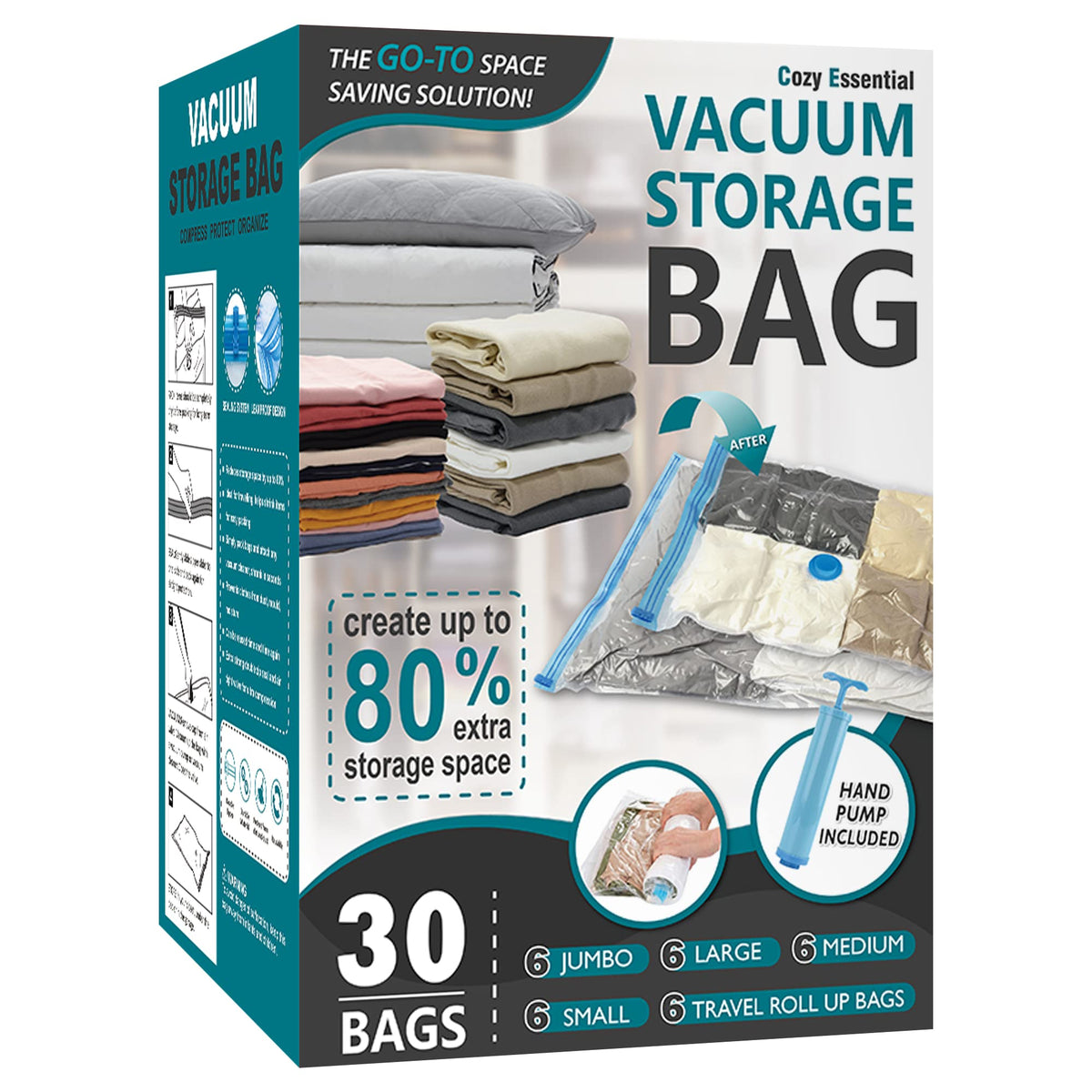 Cozy Essential Vacuum Storage Bags, 80% Compression Vacuum Seal Space Saver Plastic Packaging Bags for Clothes, Blankets, Pillow, Bedding, Comforters, Sealer Clothing Storage,20 Combo