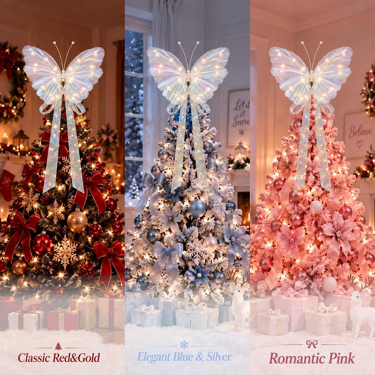 Blueweenly White Butterfly Christmas Tree Topper with Lights, 3D 20" Large