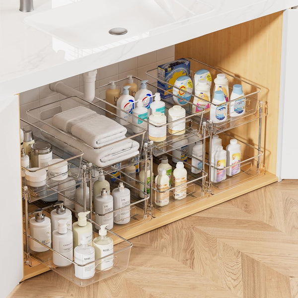 Vtopmart 4 Pack Pull Out Bathroom Under Sink Organizer (S-Standard) | Slide-out drawers, Multi-purpose storage, Clear visibility, Easy Set-up
