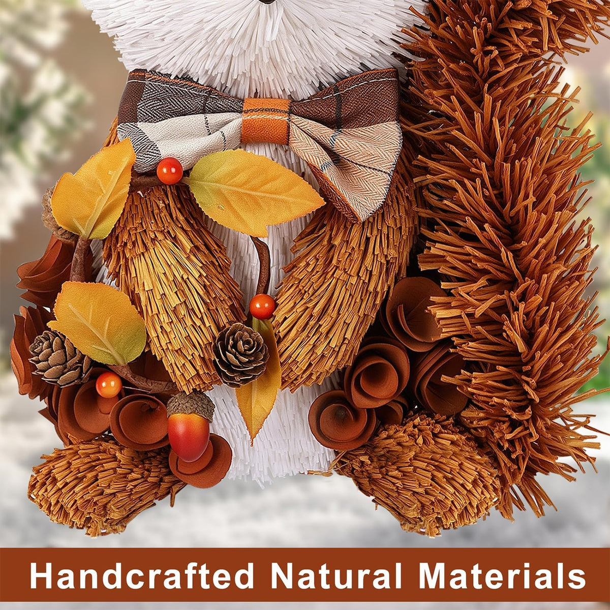 Fall Wreath for Front Door, 13.4" Thanksgiving Straw Fox Figurine with Woodchip Pinecone, Hanging Harvest Autumn Gifts, Tabletop Centerpieces, Woodland Animal Home Kitchen Office Decor
