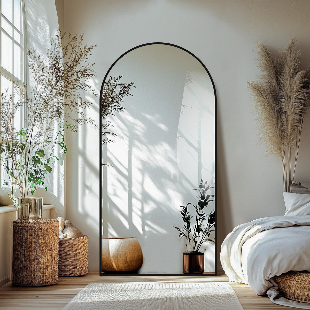 Arched Full Length Mirror with Stand, Black Floor Mirror | Aluminium alloy frame with HD float glass for distortion-free reflection. Free standing or wall mounted.