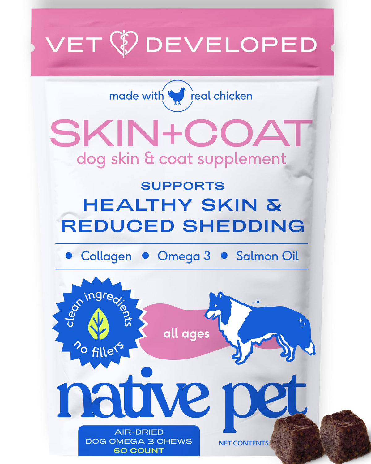 Native Pet Skin & Coat Chews - Omega 3 Fish Oil for Dogs Skin & Coat Supplement - Itch Relief, Shiny Fur & Shedding Support - Collagen, Hyaluronic Acid, Biotin, Probiotics & Salmon Oil - 30 Chews