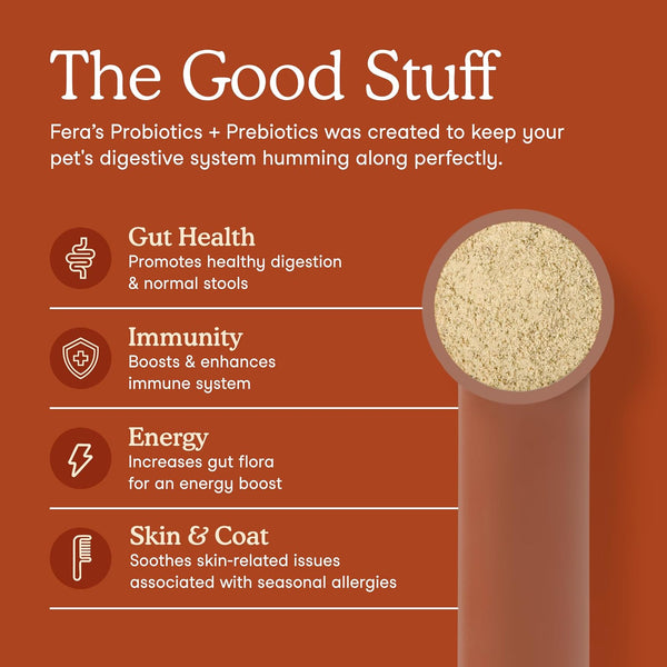 Fera Pets Organic Probiotics for Dogs & Cats with Prebiotics, 60 Scoops | USDA Organic Gut Health Powder Supplement with 12 Strains and 5 Billion CFUs for Immunity, Energy and Skin & Coat Health