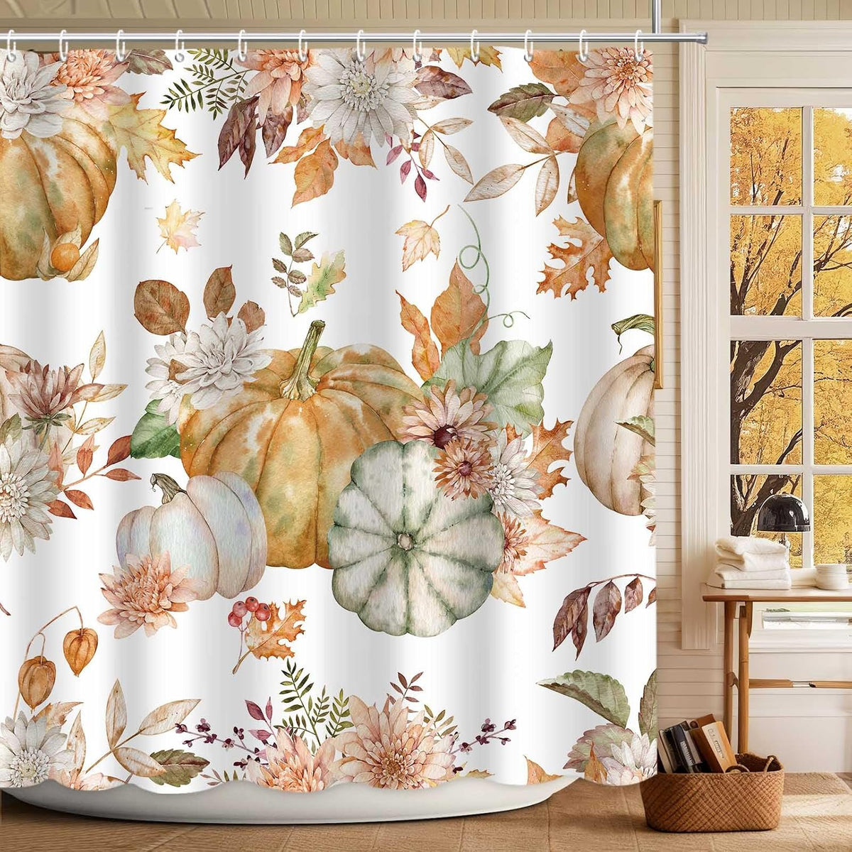 MEHOFOND Fall PumpkinsShower Curtain Autumn Watercolor Floral Bath Curtain