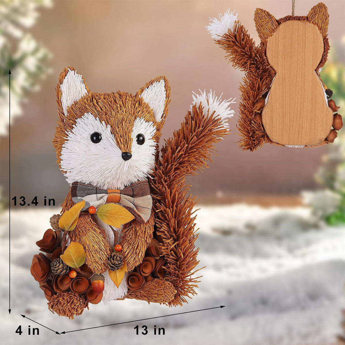 Fall Wreath for Front Door, 13.4" Thanksgiving Straw Fox Figurine with Woodchip Pinecone, Hanging Harvest Autumn Gifts, Tabletop Centerpieces, Woodland Animal Home Kitchen Office Decor