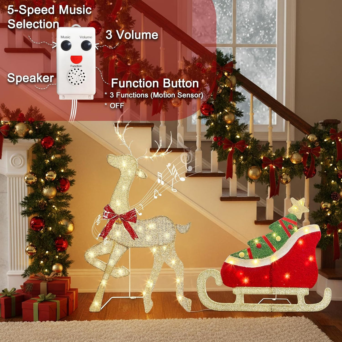 EAMBRITE Christmas Decorations Outdoor, 42 Inch Christmas Reindeer & Sled with 117 Warm White Lights, Motion Sensor 2D Music Lighted Deer Christmas Decor for Xmas Tree Lawn Porch Garden