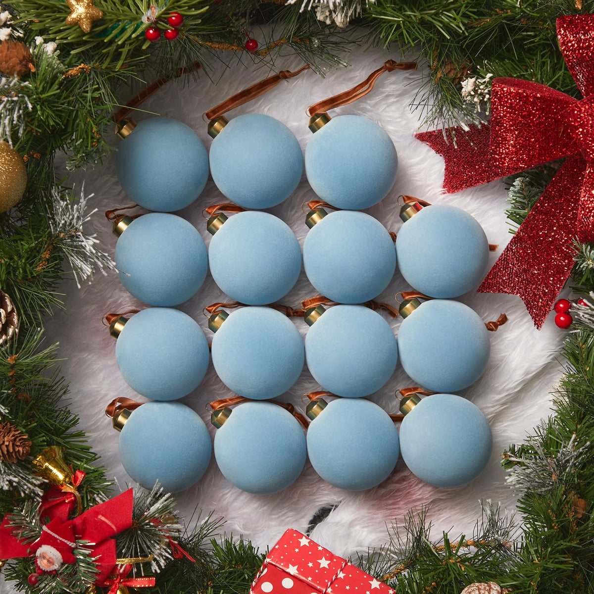 Brightown 15 Pcs Red Velvet Christmas Ornaments Balls Set, 3.15 Inch Balls
