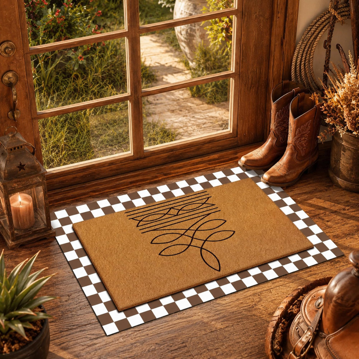 Tinideya 2 23.6 X 35.4 Inches Plaid Ghost Red Brown | Layered Coir Doormat Set, Non Slip Backing for Outdoor Entryway, Buffalo Plaid Seasonal Design, Front Porch Home Decor