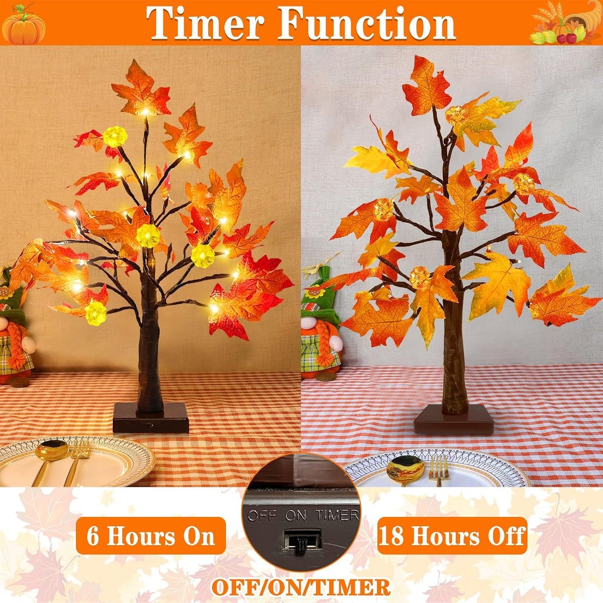TURNMEON Thanksgiving Decor 2 Pack 18 Inch Prelit Fall Maple Tree 48 LEDs