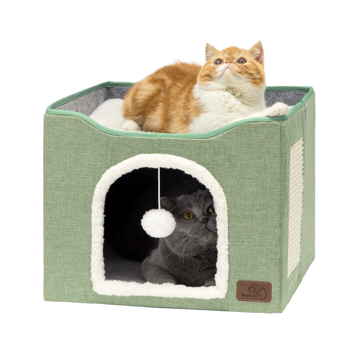 Bedsure Extra Wide Cat House Bed with Fluffy Ball and Scratch Pad,Grey | 23.6x16.9x13 in,Indoor Cat Cave for Multiple Pets, Foldable Cat Hideway Cube for Sleeping Large Cat and Kitten