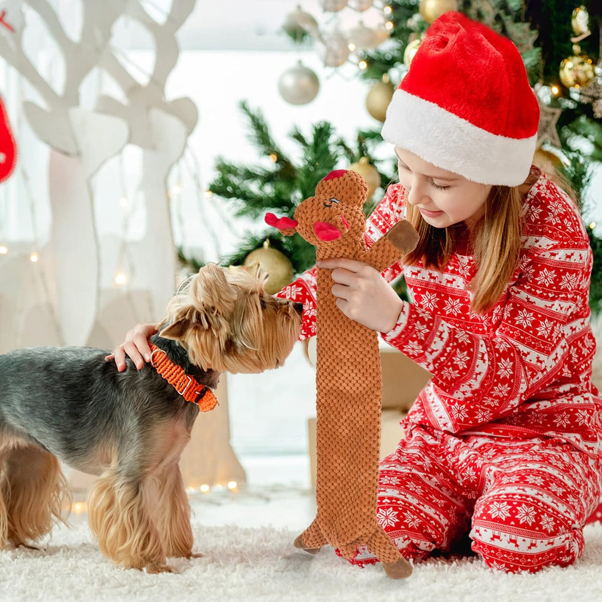 No Stuffing Dog Christmas Toys with Squeakers, Crinkle Xmas Plush Dog Toys for Large Medium Small Dogs, Durable Interactive Dog Toys for Puppies, Reindeer